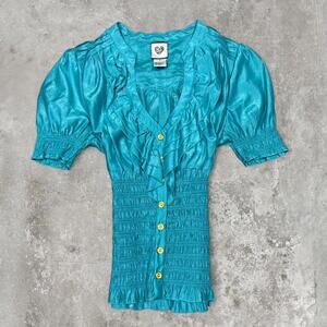 y2k blue ruffle blouse with cinched waist and gold buttons